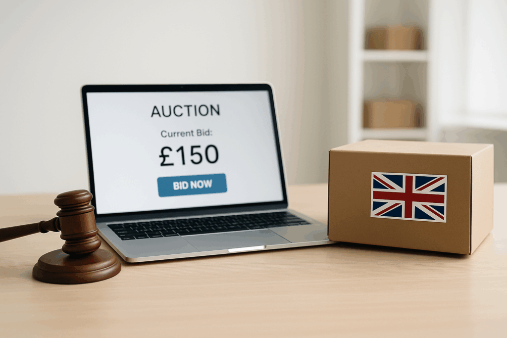 Laptop showing auction price and UK shipping box – representing trusted UK online auctions and delivery