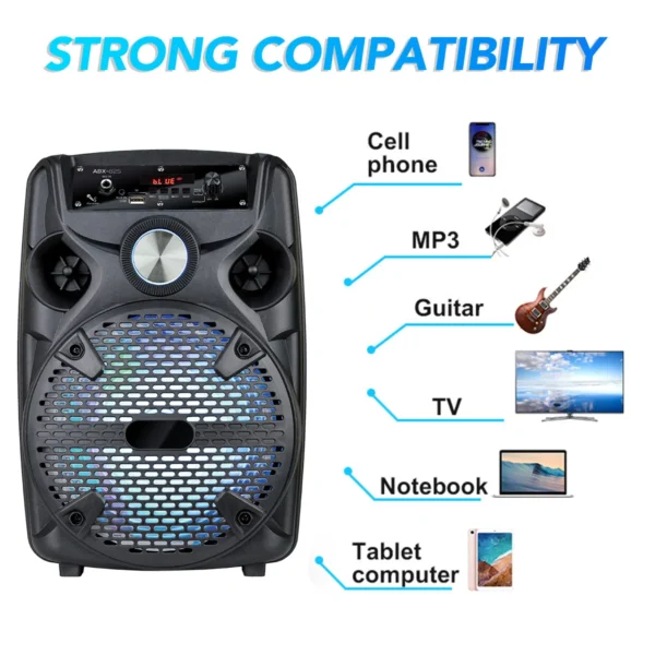 Portable FM Speaker System 8'' Subwoofer Party Speaker Loud Surround Sound Bluetooth Speakers with Tripod Stand Mic Remote LED - Image 3