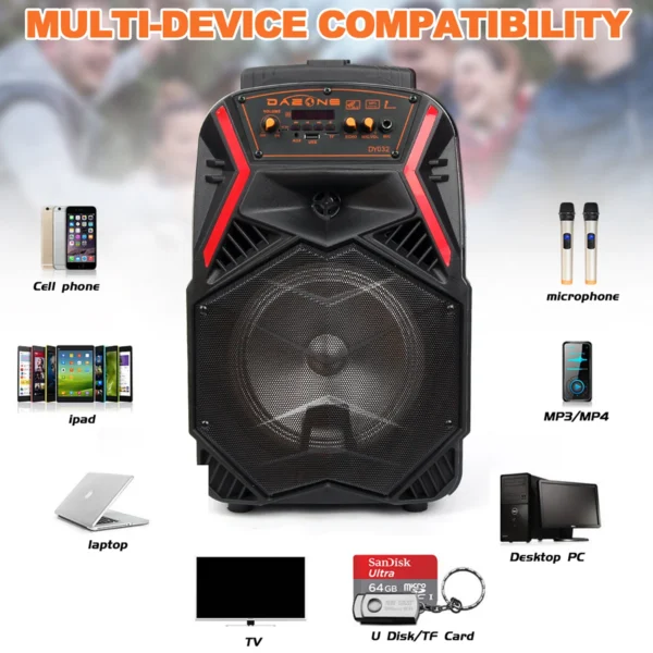 Trolley Speaker 1000W Wireless Party Speaker – 8" Bass, Bluetooth, USB, FM & LED Lights - Image 3
