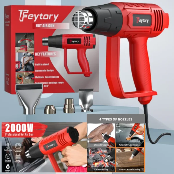 Power Heat Gun, Dual Temp Control, 4 Nozzles for DIY, Shrink Tube, PVC,