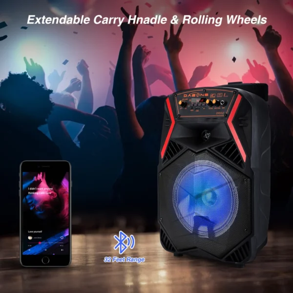Trolley Speaker 1000W Wireless Party Speaker – 8" Bass, Bluetooth, USB, FM & LED Lights - Image 4