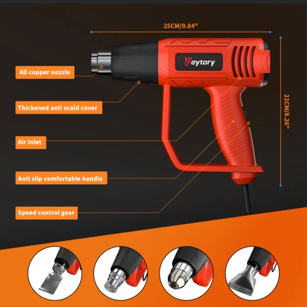 High Power Heat Gun, Dual Temp Control, 4 Nozzles for DIY, Shrink Tube, PVC, Overload Protection, Fast Heating Hot Air Gun - Image 2