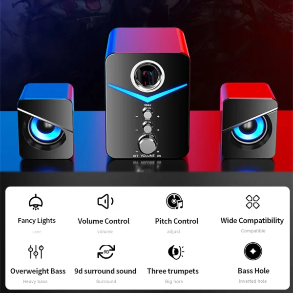 Stereo PC Speakers with Subwoofer – USB Wired, RGB Lights, 3.5mm Jack for Desktop & Laptop - Image 3