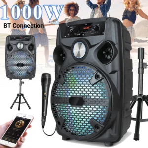 Portable FM Speaker System 8'' Subwoofer Party Speaker Loud Surround Sound Bluetooth Speakers with Tripod Stand Mic Remote LED