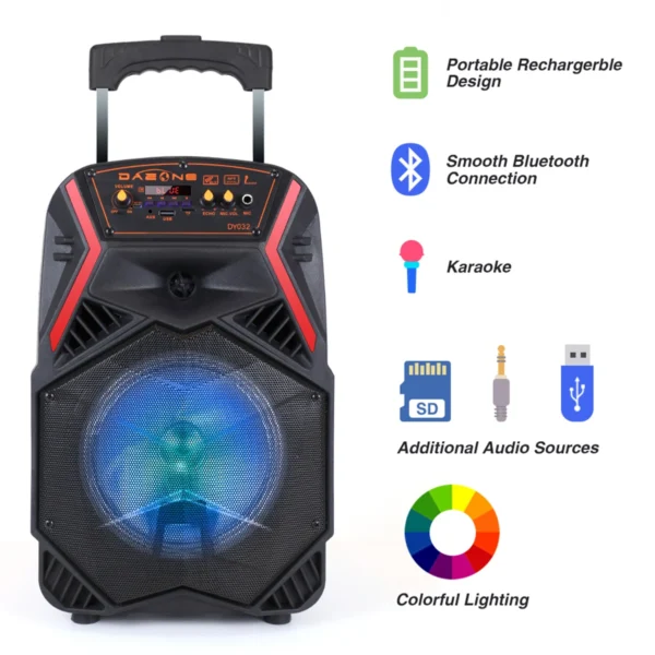 8” Portable Wireless PA Bluetooth Speaker – LED Subwoofer with Mic, - Image 5
