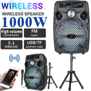 1000W Portable FM Bluetooth Speaker 8'' Subwoofer Loud Stereo Sound System With Stand LED Light & Microphone