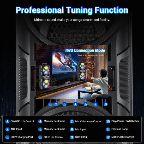 3000W Dual 6.5 Inch Wireless Bluetooth Speaker Outdoor High-Volume Portable Subwoofer Sound System with Microphone LED FM AUX TF - Image 5