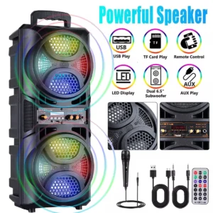 Wireless PA Speaker with Dual 6.5" Subwoofers – USB, AUX, FM, Mic & LED Lights