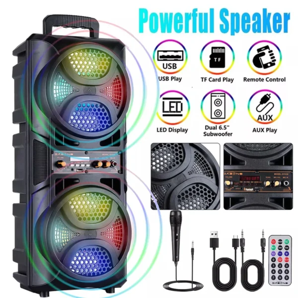Wireless PA Speaker with Dual 6.5" Subwoofers – USB, AUX, FM, Mic & LED Lights