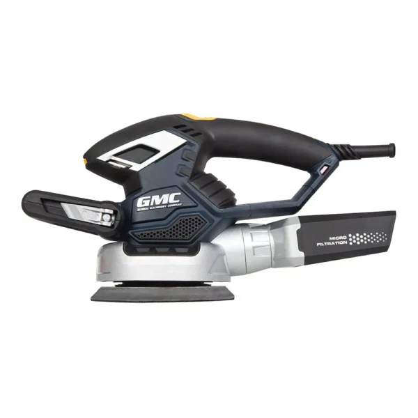 "GMC 430W random orbit sander with dual bases (125mm and 150mm) for woodworking and DIY – open box, unused tool"